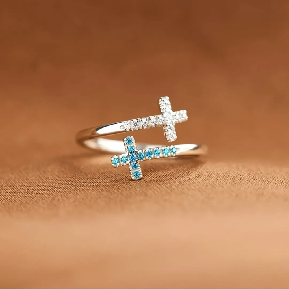 Silver Double Cross Adjustable Ring Women’s Blue Rhinestone Faith Jewelry